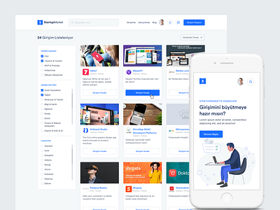 StartupMarket List Page card design interface product screen
