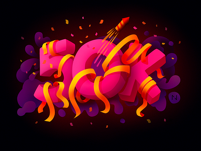 50k Followers! 50000 50k cloud dribbble fireworks followers illustration millestone pink ribbon yellow