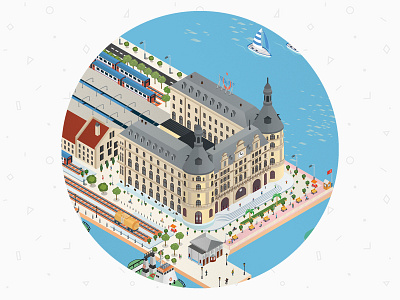 Haydarpaşa Garı illustration - Part 3 arhitecture blue boat building clock dock drawing fun history isometric istanbul landscape rail travel vector