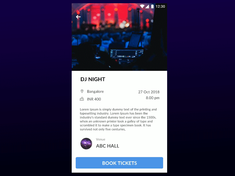 Event booking animation app design ui