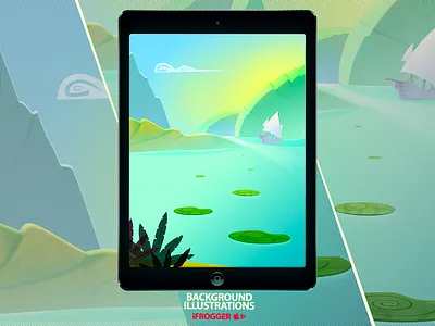 Backgroud Illustration Series v3 blue cloud cute design frog green ifrogger illustration mountains sea ship shore skylark water yellow