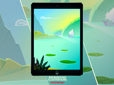 Backgroud Illustration Series v3 blue cloud cute design frog green ifrogger illustration mountains sea ship shore skylark water yellow