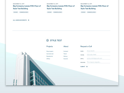 Developer Footer angled edge blog teaser developer footer footer design newsletter cta project grid real estate website website design