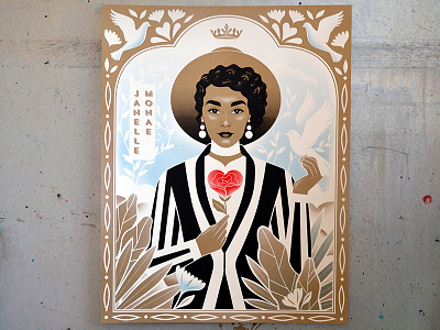 Janelle Monae - limited edition screenprints digitalart gold handprinted icon illustration janellemonae moderndayicons nature portrait prints screenprint vectorart womeninillustration