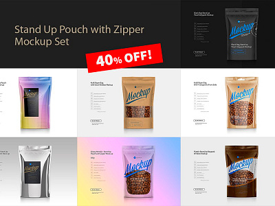 Stand Up Pouch Mockup Set / 40% OFF! doypack exclusive mockup food box food pack food package kraft mock up mockup package packaging pet food psd psd mock up set smart objects snack stand up pouch transparent layers window zipper