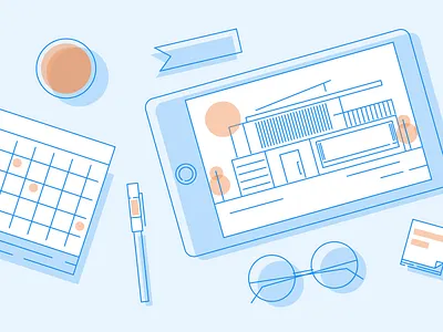 Desk calendar glass illustration pen real estate tablet