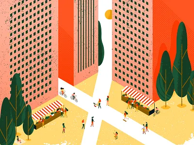 Plaza city farmers market illustration isometric market plaza texture town