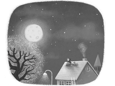 Nightsky dark grayscale illustration lights moon night roof sky tree