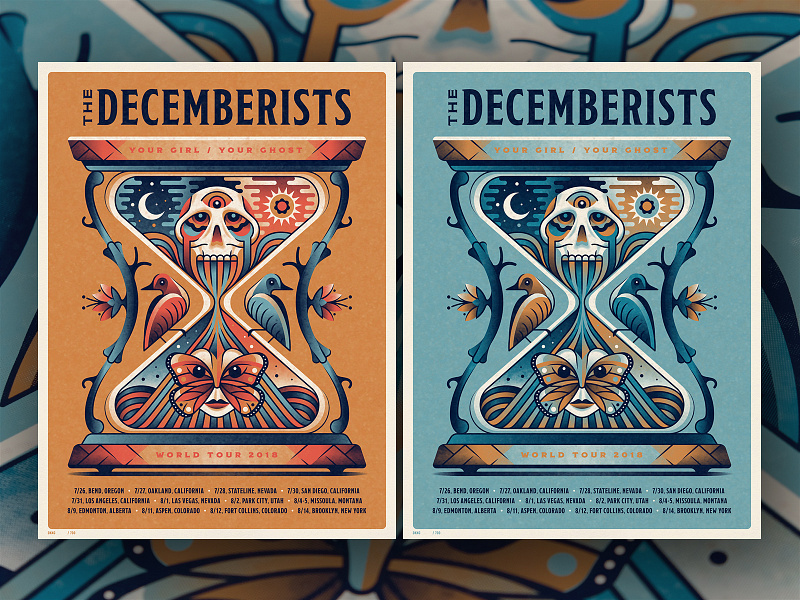 New The Decemberists Posters bird birds butterfly dan kuhlken decemberists dkng dkng studios flower geometric hourglass moon nathan goldman poster screen print silkscreen skull stars sun the decemberists vector