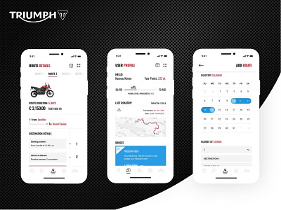 Triumph Roadtrip booking community interface design loyalty mobile app road trip ui ux