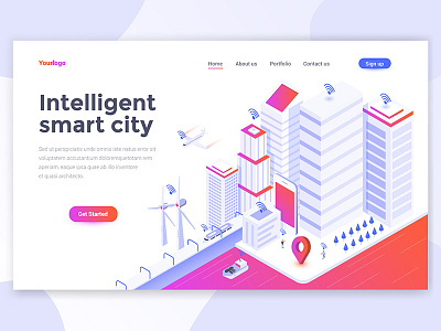 Intelligent smart city header 3d city creative illustration isometric landing page smart template ui