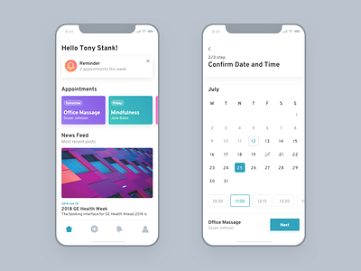 WorkLife App app appointment calendar cards confirm dashboard date icon iphone x life massage mindfulness news feed office reminder time ui ux work