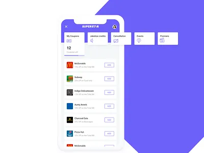Superstar Program app coupons loyalty program movie ui ux