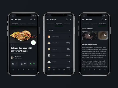 Daily UI challenge #40 — Recipe app black challenge daily40 dailyui day40 design food interface mobile product recipe ui uichallenge uidesign uiux userexperience userinterface ux web
