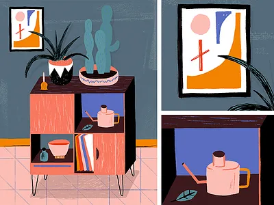 Plants & Cabinet bold cabinet drawing furniture illustration interior items painting plant plants records room
