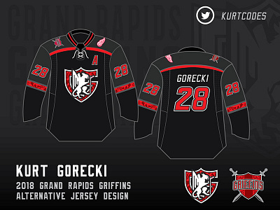 Grand Rapids Griffins Alt Jersey 2018 bird black emblem grand rapids griffin hockey hockey stick identity design illustration jersey logo michigan nhl red sports design sports logo uniform