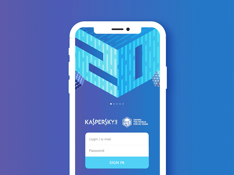 Kaspersky even app login screen animation iphone mobile ui