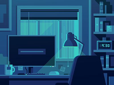 Rainy Night bedroom computer desk illustration night office rain rainy