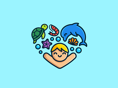 Love Oceans brand branding cute fun happy illustrative illustration kids children logo identity love heart nonprofit organization ocean oceans prawn shrimp starfish sea animal shell turtle dolphin symbol icon