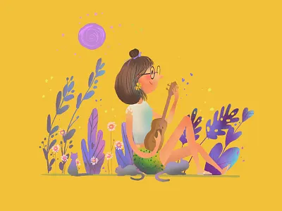 She smelled of daisies cat character illustration summer ukulele