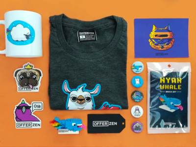 SWAG update 😎💥 badges brand branding collateral corporate identity design epic idenity illustration logo offerzen shirtdesign stickers swag