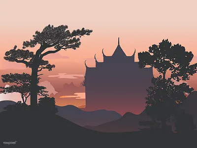 Illustration Landscape 04 illustration mountain natural silhouette temple tree vector