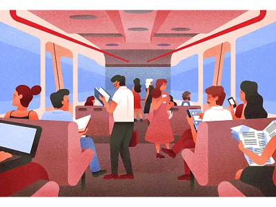 Waiting for the Bus bus charachter illustration people perspectives standings textured transport travel vector art