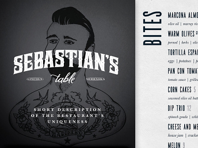 Sebastian's Table Menu brand identity branding flyer lnk menu print design restaurant table table tent typography visual identity