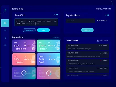Ethnamed - Crypto Paypal app btc coin crypto cryptocurrency currency dash dashboard design dribbble eth ethereum ethnamed interface litecoin token ui wallet