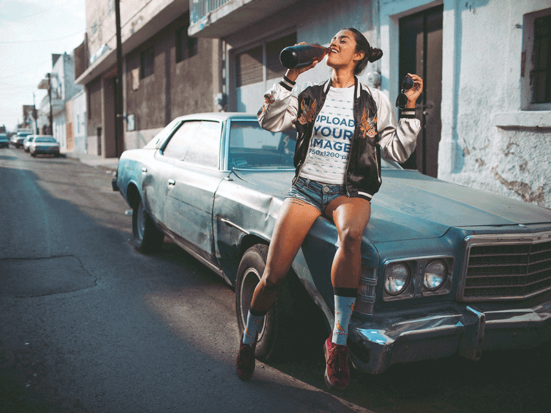 T-Shirt Mockup of a Woman Drinking Beer Outside design mockup generator mockup tools tshirt mockup