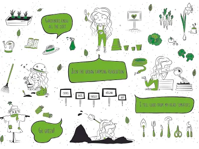 Gardening basics black white comic art design flat green illustration sketch vector