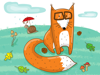 Fox Illustration character design charactrer childrenillustration design fox grass illustration kidsillustration mushrooms nature illustration orange pinecone shadows snail umbrella