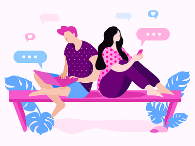 Chat illustration art blue character chat design flat illustration laptop phone pink shot web