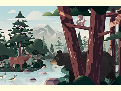 Uber Greenlight Hubs Mural Illustrations bear forest landscape moutians pine tree seattle tree