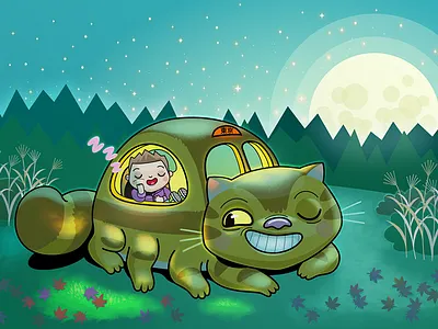 Nekobasu autumn cat bus cat drawing illustration moon night pixelgraphics totoro vector graphics