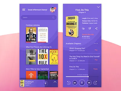 Audio book app concept audio audio book audio player purple social ui