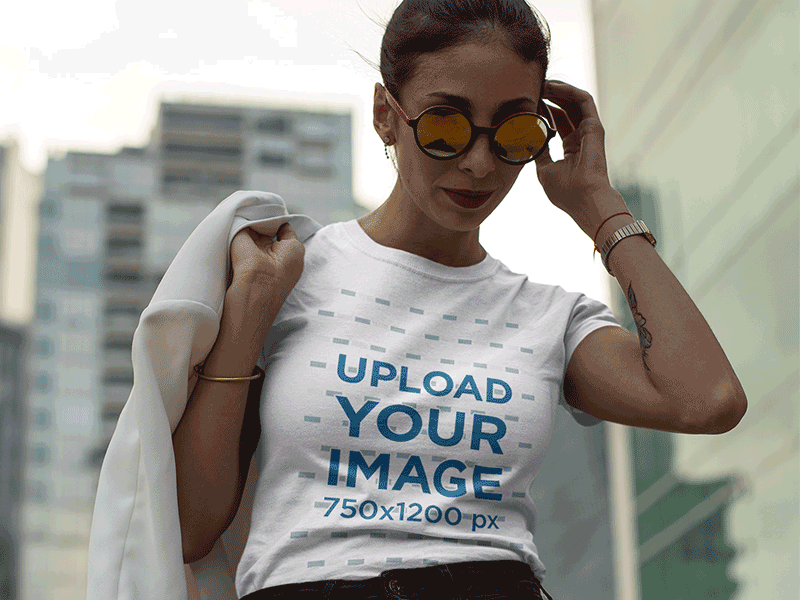 Fashion Girl Looking at the Floor While Wearing a T-Shirt Mockup mockup generator mockup tools tshirt art tshirt design tshirt graphics tshirt mockup