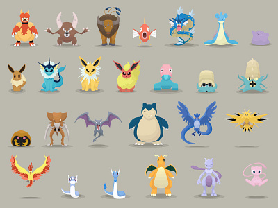 Pokemon Designs 126-151 ditto dragonite eevee flat design gyrados illustrations magikarp mew mewtwo pokemon snorlax vector