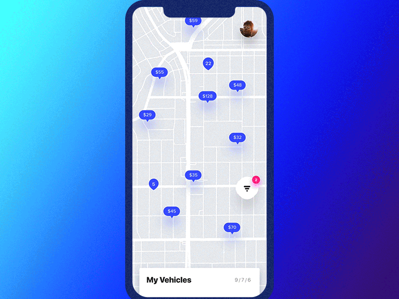 Get Wheels. Map & Funnel application carrental dashboard dashboard ui dislike filters interaction interaction logic iphone 10 lease like list map mappins principle process steps swipe swipes ux