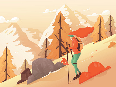 A Pleasant Hike in the Autumn Season autumn flat flat design forest girl hike hiking hill illustration illustrations mountain season woman