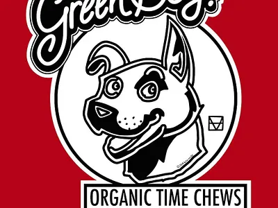 Green Boy Organic Time Chewies dog edhuse gos laugh line drawing logo perro smile tentor time travel