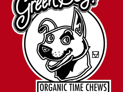 Green Boy Organic Time Chewies dog edhuse gos laugh line drawing logo perro smile tentor time travel