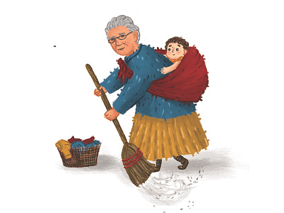 Grandma with a child cartoon character design drawing illustration portrait shot