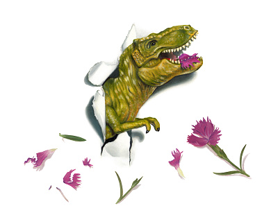 T Rex with petals clipart digital art digital download dinosaur dinosaur girl flower clipart flowers flowers illustration illustration painting paper tear photorealism pink flower realistic painting roarsome surprise t rex toy tshirt design tyrannosaurus rex