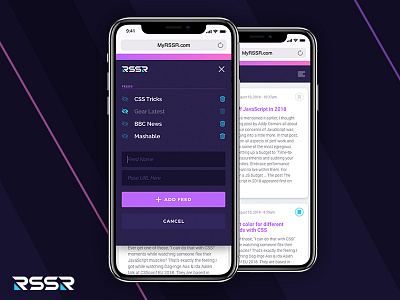 RSSR Feed App application menu mobile mobile app purple rss ui ui design ux web design