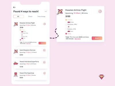 Search result showing different ways to travel 2018 app appdesign cards clean design hawaii holo iphone x iphonex island latest pink radhika dutt routes sketch travel ui