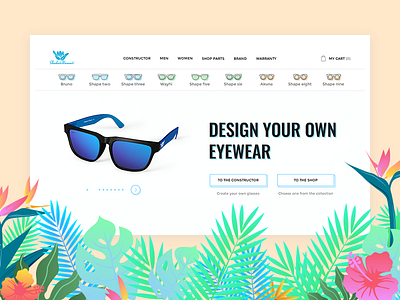 Homepage Redesign For Eyeglasses E-commerce Shaka`s Hawaii 3d adobephotoshop colorful design ecommerce eshop eyeglasses eyewear flat color shade flowers graphic design hawaii homepage design icons illuatration minimalism promo page rendering ui webdesign white background