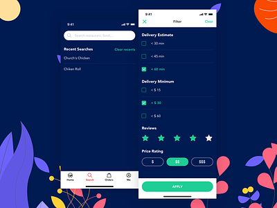 Food app - Search / Filter 2d animation app apps charts clean delivery design filter food form graph illustration mobile reviews search searching ui ux web