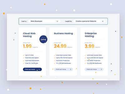 Hosting Project #2 blue and yellow bright dropdown hosting minimal modal package pattern prices webhosting