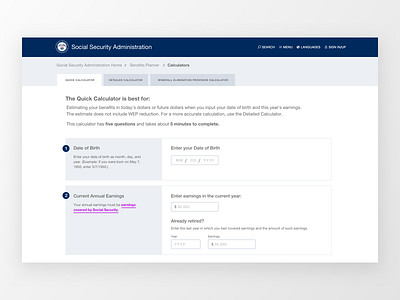 Social Security Benefits Calculator / Daily UI 004 508 compliance calculator case study civicdesign daily ui 004 dailyui dailyui004 dailyui4 form ui uidesign uiux ux